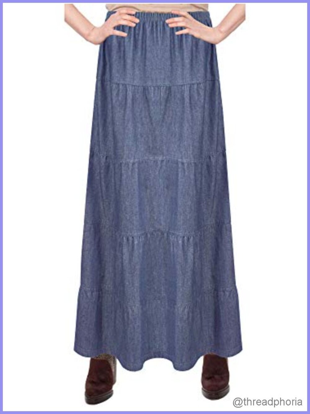 100% Cotton Denim Tiered Ankle Prairie Skirt Elastic Waist